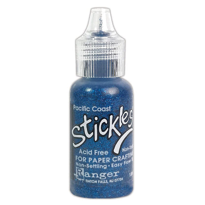 Pacific Coast - Stickles by Ranger . Add a touch of magical sparkle everywhere you go with this beautiful and easy to use glitter glue! Stickles is a clear medium infused with an abundance of non-settling super fine sparkly glitters in a wild variety of colours. Use on papercrafts, scrapbooking, mixed media, cardmaking, visual arts of all kinds. Each bottle holds 18ml and has a fine tipped nozzle with an easy squeeze application. Once dry on porous surfaces, it is permanent and does not brush off.