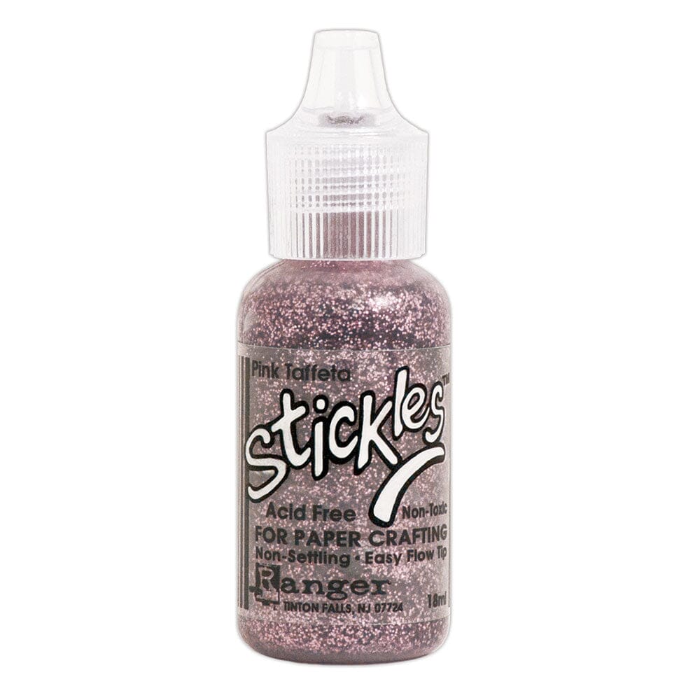 Pink Taffeta - Stickles by Ranger . Add a touch of magical sparkle everywhere you go with this beautiful and easy to use glitter glue! Stickles is a clear medium infused with an abundance of non-settling super fine sparkly glitters in a wild variety of colours. Use on papercrafts, scrapbooking, mixed media, cardmaking, visual arts of all kinds. Each bottle holds 18ml and has a fine tipped nozzle with an easy squeeze application. Once dry on porous surfaces, it is permanent and does not brush off.