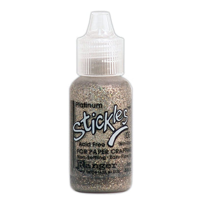 Platinum - Stickles by Ranger . Add a touch of magical sparkle everywhere you go with this beautiful and easy to use glitter glue! Stickles is a clear medium infused with an abundance of non-settling super fine sparkly glitters in a wild variety of colours. Use on papercrafts, scrapbooking, mixed media, cardmaking, visual arts of all kinds. Each bottle holds 18ml and has a fine tipped nozzle with an easy squeeze application. Once dry on porous surfaces, it is permanent and does not brush off.