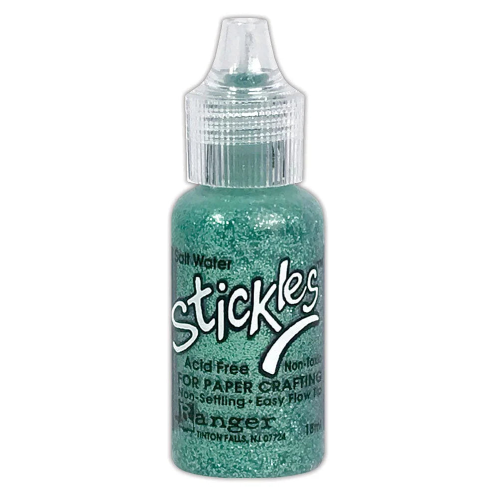 Salt Water bluegreen - Stickles by Ranger . Add a touch of magical sparkle everywhere you go with this beautiful and easy to use glitter glue! Stickles is a clear medium infused with an abundance of non-settling super fine sparkly glitters in a wild variety of colours. Use on papercrafts, scrapbooking, mixed media, cardmaking, visual arts of all kinds. Each bottle holds 18ml and has a fine tipped nozzle with an easy squeeze application. Once dry on porous surfaces, it is permanent and does not brush off.