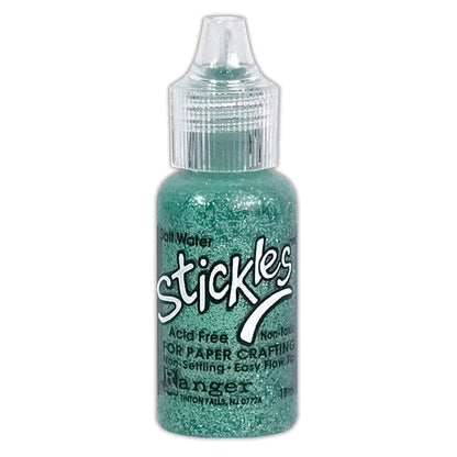 Salt Water bluegreen - Stickles by Ranger . Add a touch of magical sparkle everywhere you go with this beautiful and easy to use glitter glue! Stickles is a clear medium infused with an abundance of non-settling super fine sparkly glitters in a wild variety of colours. Use on papercrafts, scrapbooking, mixed media, cardmaking, visual arts of all kinds. Each bottle holds 18ml and has a fine tipped nozzle with an easy squeeze application. Once dry on porous surfaces, it is permanent and does not brush off.