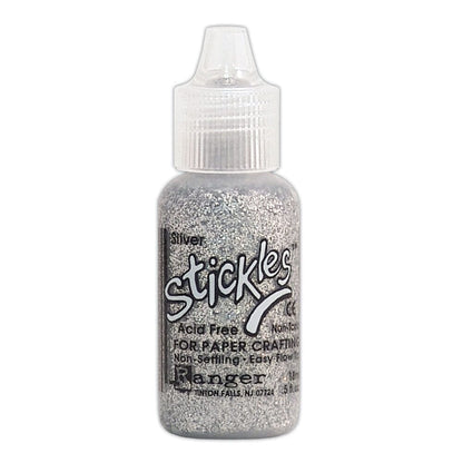 Silver - Stickles by Ranger . Add a touch of magical sparkle everywhere you go with this beautiful and easy to use glitter glue! Stickles is a clear medium infused with an abundance of non-settling super fine sparkly glitters in a wild variety of colours. Use on papercrafts, scrapbooking, mixed media, cardmaking, visual arts of all kinds. Each bottle holds 18ml and has a fine tipped nozzle with an easy squeeze application. Once dry on porous surfaces, it is permanent and does not brush off.