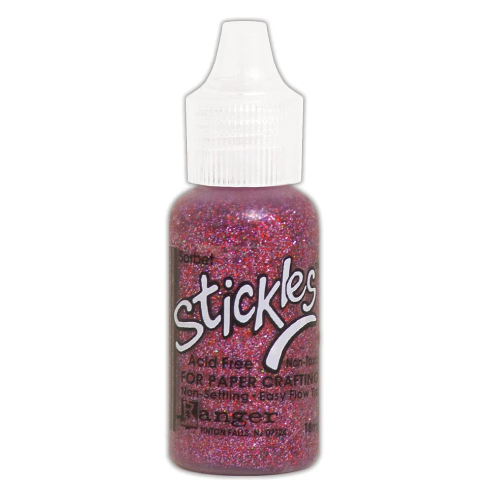 Sorbet dark pink - Stickles by Ranger . Add a touch of magical sparkle everywhere you go with this beautiful and easy to use glitter glue! Stickles is a clear medium infused with an abundance of non-settling super fine sparkly glitters in a wild variety of colours. Use on papercrafts, scrapbooking, mixed media, cardmaking, visual arts of all kinds. Each bottle holds 18ml and has a fine tipped nozzle with an easy squeeze application. Once dry on porous surfaces, it is permanent and does not brush off.