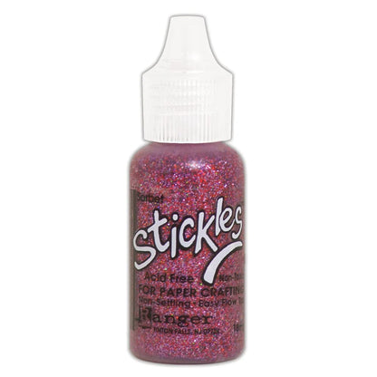 Sorbet dark pink - Stickles by Ranger . Add a touch of magical sparkle everywhere you go with this beautiful and easy to use glitter glue! Stickles is a clear medium infused with an abundance of non-settling super fine sparkly glitters in a wild variety of colours. Use on papercrafts, scrapbooking, mixed media, cardmaking, visual arts of all kinds. Each bottle holds 18ml and has a fine tipped nozzle with an easy squeeze application. Once dry on porous surfaces, it is permanent and does not brush off.