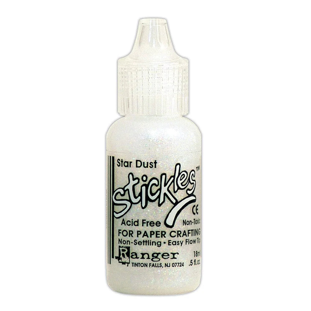 Star Dust  - Stickles by Ranger . Add a touch of magical sparkle everywhere you go with this beautiful and easy to use glitter glue! Stickles is a clear medium infused with an abundance of non-settling super fine sparkly glitters in a wild variety of colours. Use on papercrafts, scrapbooking, mixed media, cardmaking, visual arts of all kinds. Each bottle holds 18ml and has a fine tipped nozzle with an easy squeeze application. Once dry on porous surfaces, it is permanent and does not brush off.