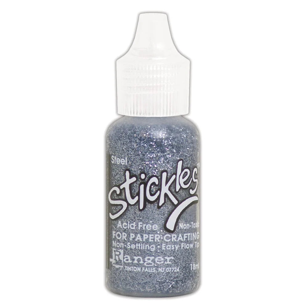 Steel silver-grey - Stickles by Ranger . Add a touch of magical sparkle everywhere you go with this beautiful and easy to use glitter glue! Stickles is a clear medium infused with an abundance of non-settling super fine sparkly glitters in a wild variety of colours. Use on papercrafts, scrapbooking, mixed media, cardmaking, visual arts of all kinds. Each bottle holds 18ml and has a fine tipped nozzle with an easy squeeze application. Once dry on porous surfaces, it is permanent and does not brush off.