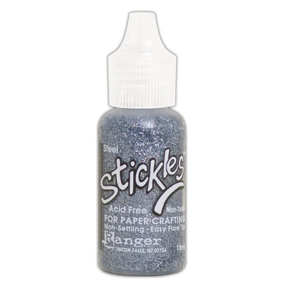 Steel silver-grey - Stickles by Ranger . Add a touch of magical sparkle everywhere you go with this beautiful and easy to use glitter glue! Stickles is a clear medium infused with an abundance of non-settling super fine sparkly glitters in a wild variety of colours. Use on papercrafts, scrapbooking, mixed media, cardmaking, visual arts of all kinds. Each bottle holds 18ml and has a fine tipped nozzle with an easy squeeze application. Once dry on porous surfaces, it is permanent and does not brush off.
