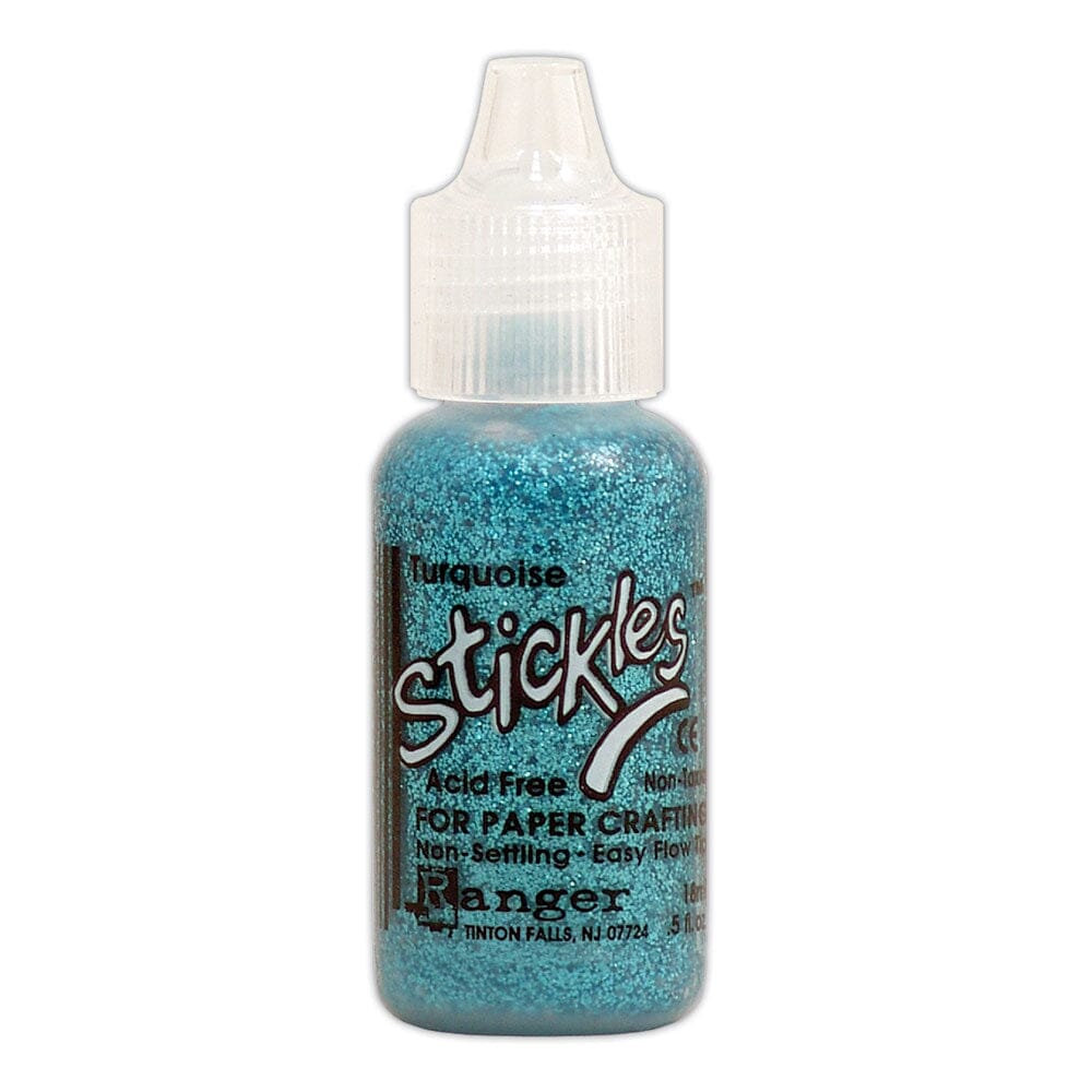 Turquoise - Stickles by Ranger . Add a touch of magical sparkle everywhere you go with this beautiful and easy to use glitter glue! Stickles is a clear medium infused with an abundance of non-settling super fine sparkly glitters in a wild variety of colours. Use on papercrafts, scrapbooking, mixed media, cardmaking, visual arts of all kinds. Each bottle holds 18ml and has a fine tipped nozzle with an easy squeeze application. Once dry on porous surfaces, it is permanent and does not brush off.