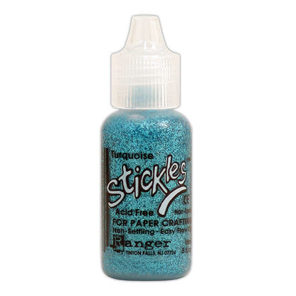 Turquoise - Stickles by Ranger . Add a touch of magical sparkle everywhere you go with this beautiful and easy to use glitter glue! Stickles is a clear medium infused with an abundance of non-settling super fine sparkly glitters in a wild variety of colours. Use on papercrafts, scrapbooking, mixed media, cardmaking, visual arts of all kinds. Each bottle holds 18ml and has a fine tipped nozzle with an easy squeeze application. Once dry on porous surfaces, it is permanent and does not brush off.