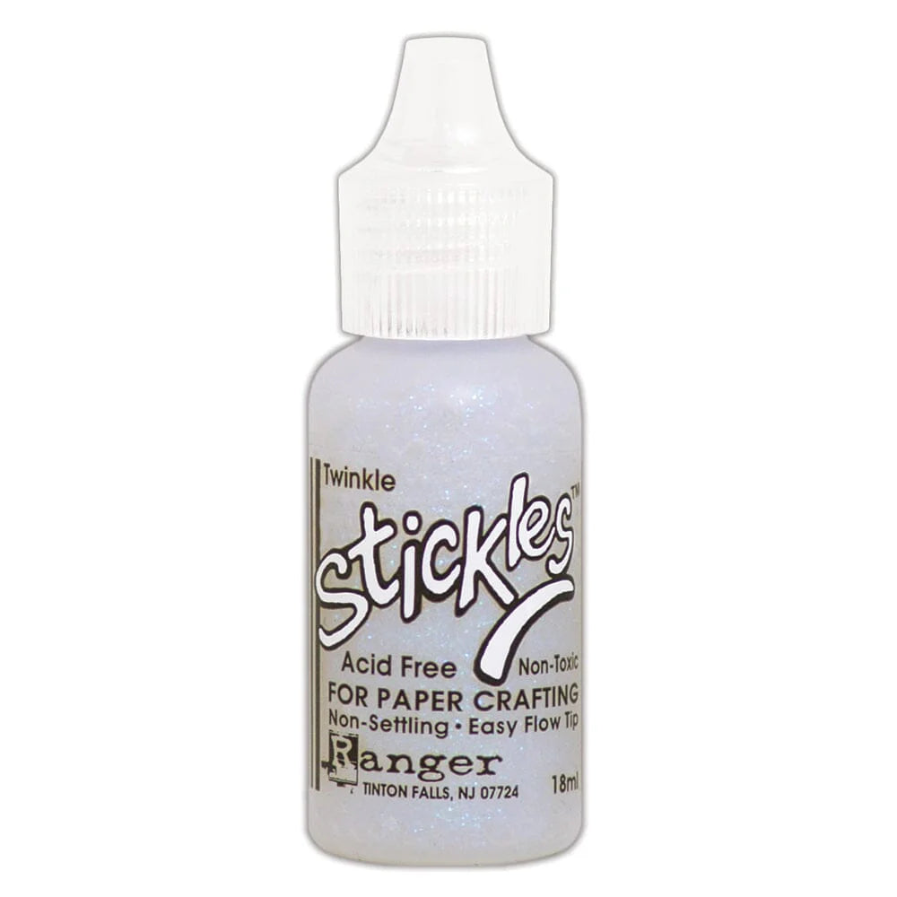 Twinkle - Stickles by Ranger . Add a touch of magical sparkle everywhere you go with this beautiful and easy to use glitter glue! Stickles is a clear medium infused with an abundance of non-settling super fine sparkly glitters in a wild variety of colours. Use on papercrafts, scrapbooking, mixed media, cardmaking, visual arts of all kinds. Each bottle holds 18ml and has a fine tipped nozzle with an easy squeeze application. Once dry on porous surfaces, it is permanent and does not brush off.