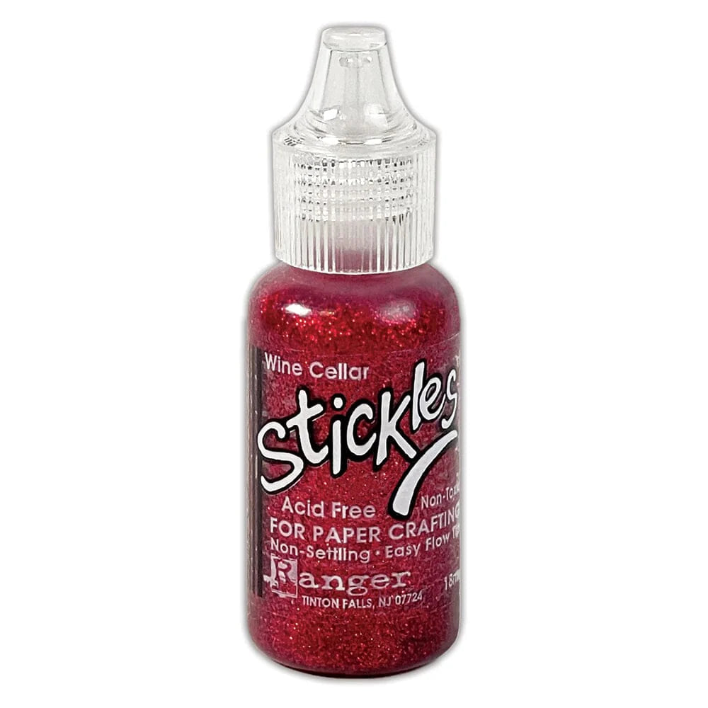 Wine Cellar red - Stickles by Ranger . Add a touch of magical sparkle everywhere you go with this beautiful and easy to use glitter glue! Stickles is a clear medium infused with an abundance of non-settling super fine sparkly glitters in a wild variety of colours. Use on papercrafts, scrapbooking, mixed media, cardmaking, visual arts of all kinds. Each bottle holds 18ml and has a fine tipped nozzle with an easy squeeze application. Once dry on porous surfaces, it is permanent and does not brush off.
