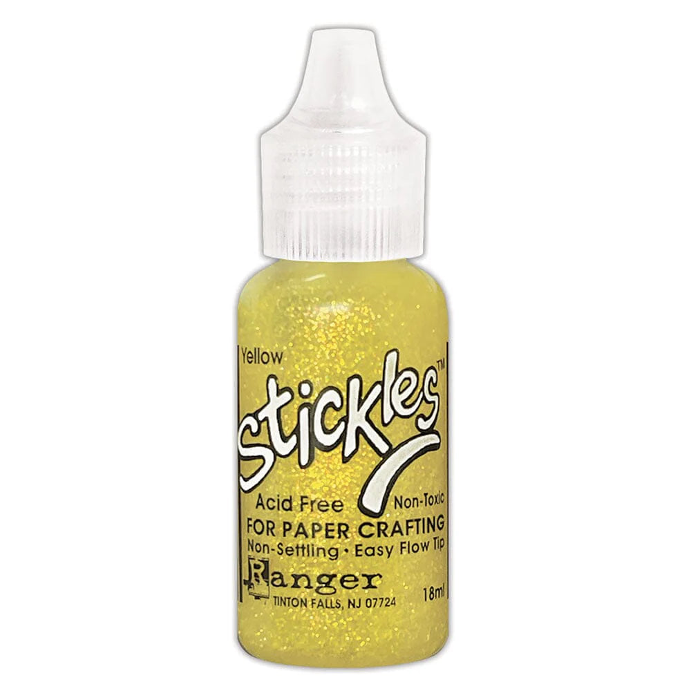 Yellow - Stickles by Ranger . Add a touch of magical sparkle everywhere you go with this beautiful and easy to use glitter glue! Stickles is a clear medium infused with an abundance of non-settling super fine sparkly glitters in a wild variety of colours. Use on papercrafts, scrapbooking, mixed media, cardmaking, visual arts of all kinds. Each bottle holds 18ml and has a fine tipped nozzle with an easy squeeze application. Once dry on porous surfaces, it is permanent and does not brush off.