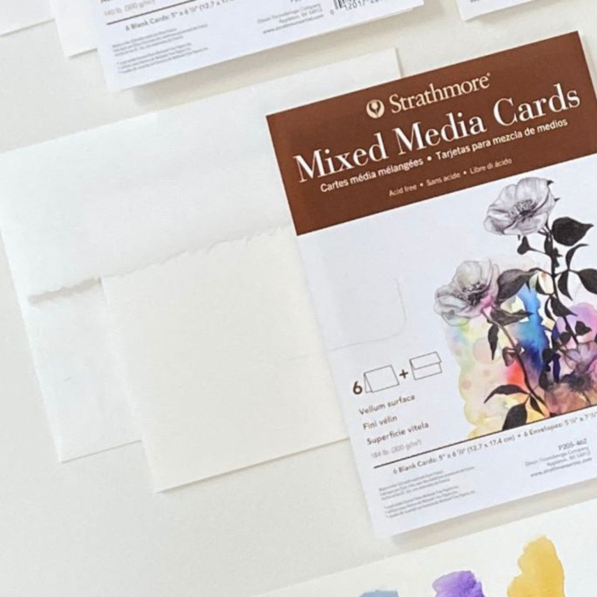 Mixed Media Cards ... by Strathmore - 6 blank cards of mixed media paper, 6 envelopes with deckled edged flap. Blank cards and envelopes made of warm natural white, classic Strathmore 400 Series heavyweight 184 lb (300gsm) mixed media paper, folded, ready to use. 