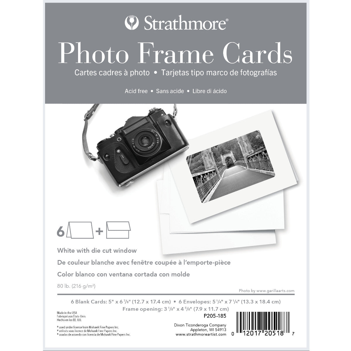 Photo Frame Cards ... by Strathmore - 6 blank cards with a cut out window frame, 6 envelopes with deckled edged flap. Blank cards and envelopes made of&nbsp; medium weight 80lb (216 gsm) natural white cardstock, folded, ready to use. Pack contains 6 (six) cards, 6 (six) envelopes. Sizes, card (folded) is 6 7/8" x 5" (17.4cm x 12.7cm), Envelope is 7 1/4" x 5 1/4" (18.4cm x 13.3cm).