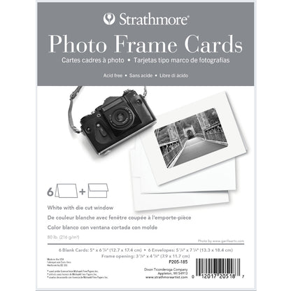 Photo Frame Cards ... by Strathmore - 6 blank cards with a cut out window frame, 6 envelopes with deckled edged flap. Blank cards and envelopes made of&nbsp; medium weight 80lb (216 gsm) natural white cardstock, folded, ready to use. Pack contains 6 (six) cards, 6 (six) envelopes. Sizes, card (folded) is 6 7/8" x 5" (17.4cm x 12.7cm), Envelope is 7 1/4" x 5 1/4" (18.4cm x 13.3cm).