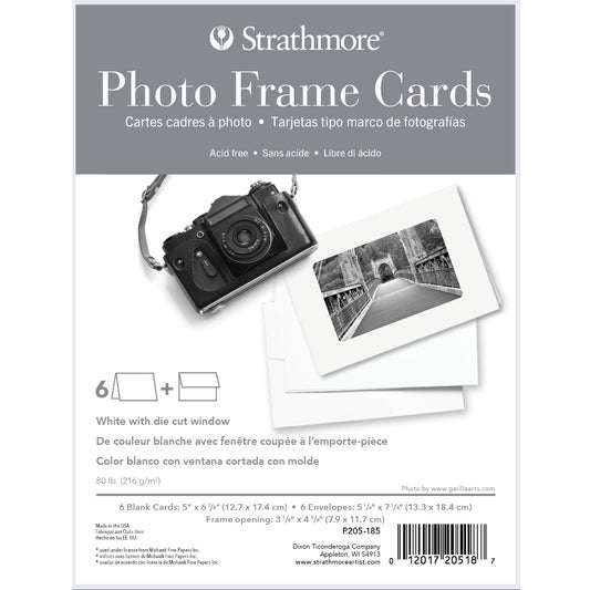 Photo Frame Cards ... by Strathmore - 6 blank cards with a cut out window frame, 6 envelopes with deckled edged flap. Blank cards and envelopes made of&nbsp; medium weight 80lb (216 gsm) natural white cardstock, folded, ready to use. Pack contains 6 (six) cards, 6 (six) envelopes. Sizes, card (folded) is 6 7/8" x 5" (17.4cm x 12.7cm), Envelope is 7 1/4" x 5 1/4" (18.4cm x 13.3cm).