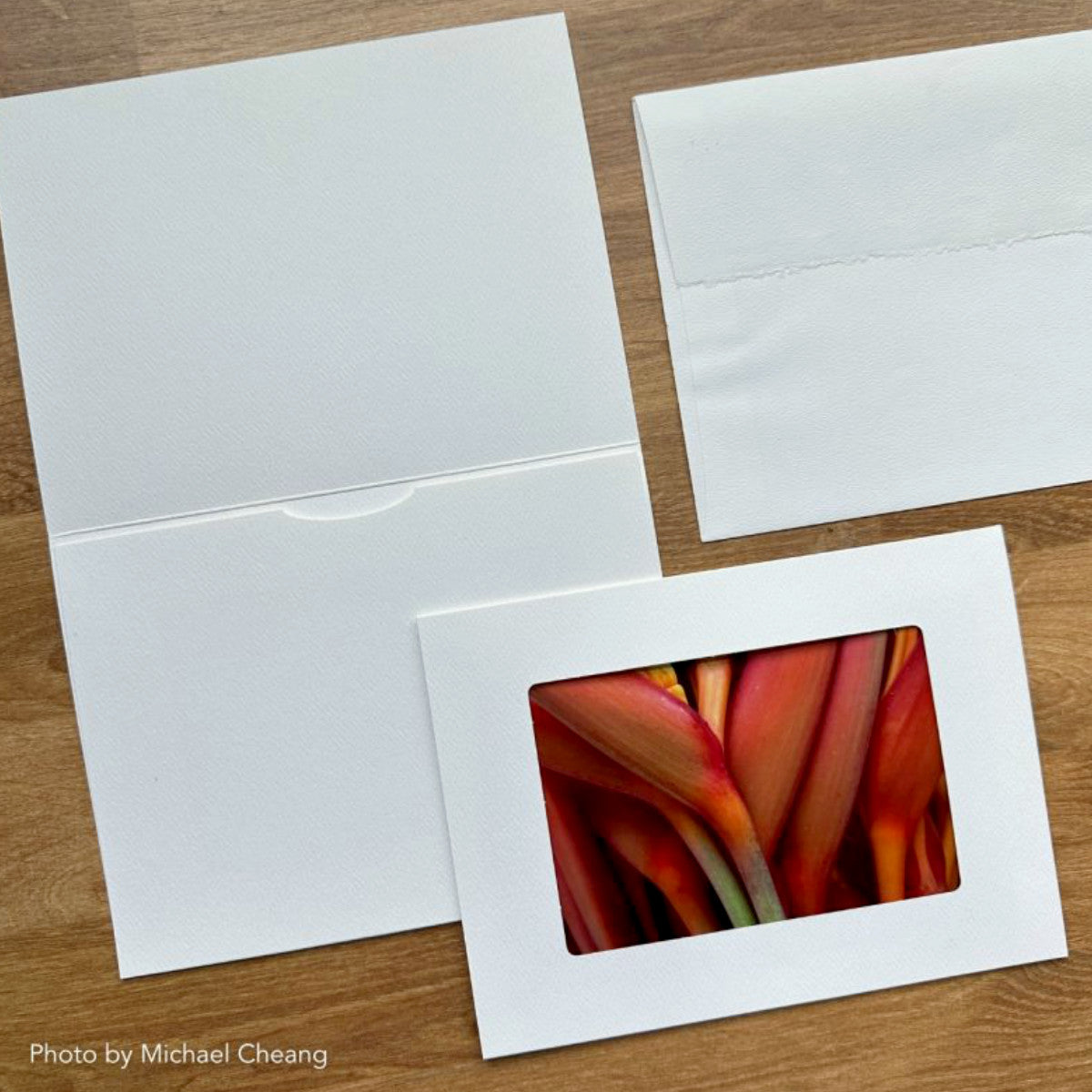 Photo Frame Cards ... by Strathmore - 6 blank cards with a cut out window frame, 6 envelopes with deckled edged flap. Blank cards and envelopes made of medium weight 80lb (216 gsm) natural white cardstock, folded, ready to use. Pack contains 6 (six) cards, 6 (six) envelopes. Sizes, card (folded) is 6 7/8" x 5" (17.4cm x 12.7cm), Envelope is 7 1/4" x 5 1/4" (18.4cm x 13.3cm). Image showing example of use with photo by Michael Cheang.