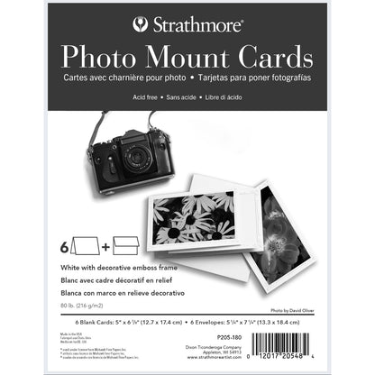 Photo Mount Cards by Strathmore - 6 blank cards with embossed decorative border, 6 envelopes with deckled edged flap, made of medium weight 80lb (216 gsm) white lightly textured cardstock, folded, ready to use.  Mount your photos, artwork, prints, pictures and collaged creations to the front of these beautifully embossed blank cards.