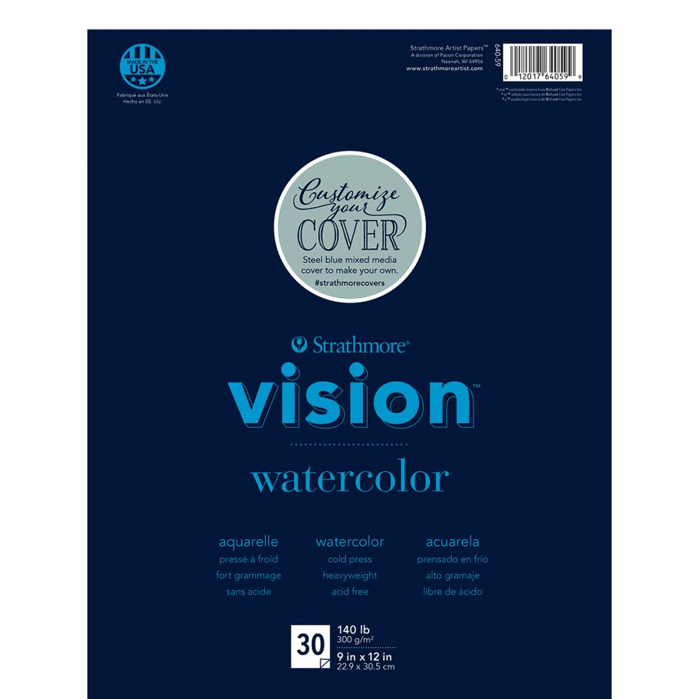 Watercolour Paper, White - by Strathmore ... White, smooth and lightly textured, medium weight, 100% cotton, cold pressed paper. Size is 9"x12" (22.9cm x 30.5cm), 140 lb (300 gsm), 30 sheets.&nbsp;  The Strathmore Vision series of Watercolour Paper is similar to series 3 (very good), and made of 100% cotton rag. It is an excellent quality, natural white, medium weight, durable versatile paper with a smooth surface that has a little texture and tooth.