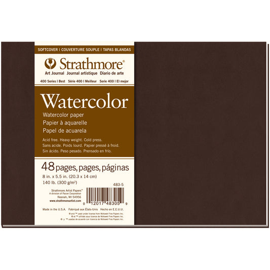 Watercolour Journal - Landscape Softcover ... by Strathmore . Blank book filled with cold pressed acid free, natural white, heavyweight 140lb 300gsm, lightly textured, watercolour paper. Softcover, flat spine along short edge, 48 pages (24 sheets), 20.3cm x 14cm (8" x 5.5") in size. This is fantastic for creative arts and this is the perfect size for travel, office, taking to the park for alfresco painting, and any other excuse we can dream up to be creative with paints, inks and more. 