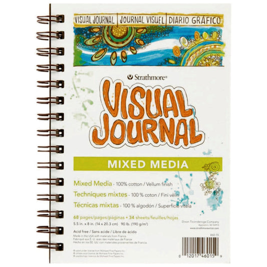 Mixed Media Visual Journal - Strathmore ... 5.5"x8" (14cm x 20.3cm), white medium weight 100% cotton paper, vellum (smooth toothy) finish, all mediums wet and dry. Wire bound blank book, 90lb (190gsm) paper, 34 sheets (68 pages).&nbsp;

This portable sized Strathmore art journal filled with beautiful to use mixed media paper is a great size for travelling, at home, in the outback, everyday creativity everywhere you go.