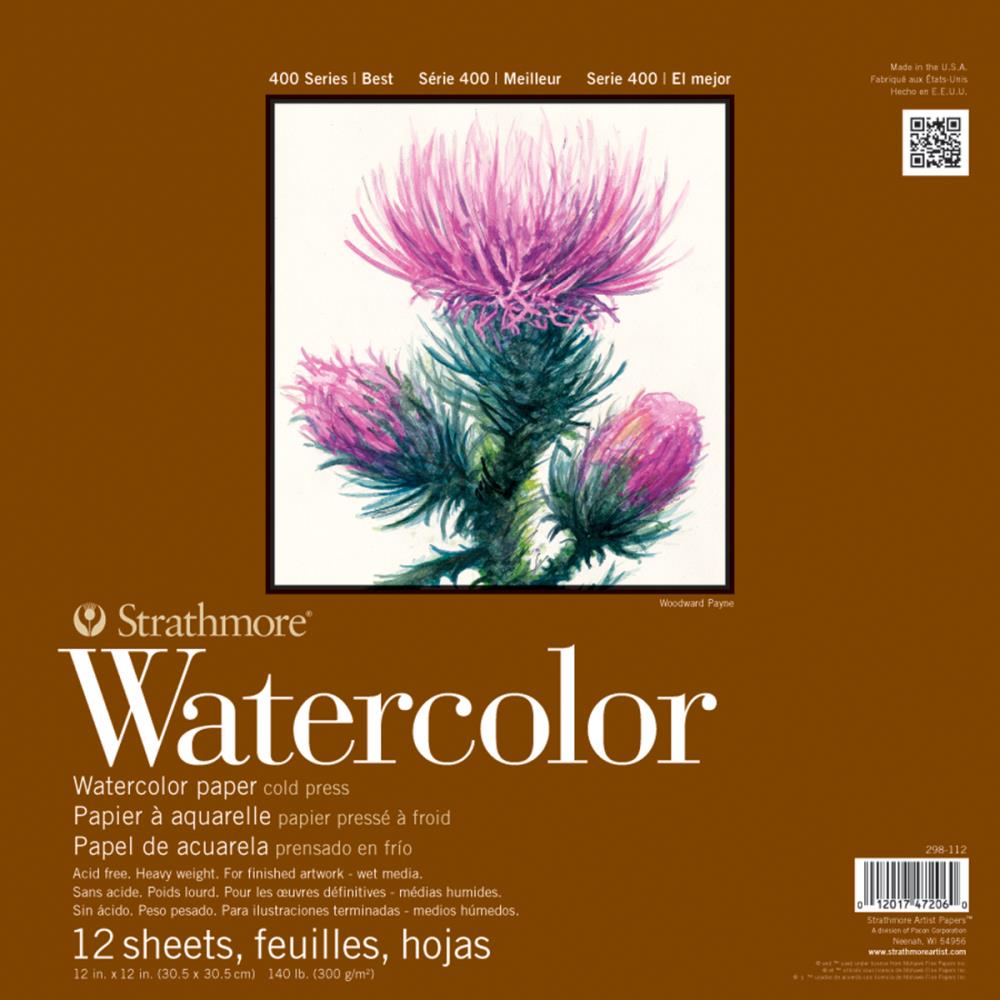 Watercolour Paper, 12x12 - Strathmore ... Large Square 12"x12" Pad, 12 (twelve) sheets. Cold Press, light texture, heavyweight 140lb (300gsm).   The Watercolour 400 Series (Best) Paper by Strathmore is a very high quality watercolour paper that is beautiful to use. It is a heavy-weight paper with a cold press finish, perfect for wet media (water, paints, inks) techniques. It has a light to medium textured finish.