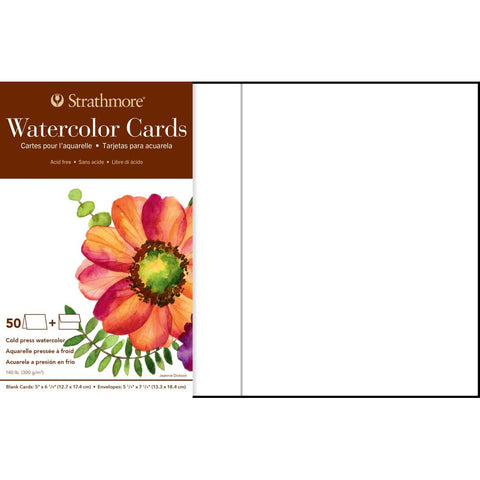 Watercolour Cards and Envelopes - 50 blank cards, 50 deckle edge envelopes ... by Strathmore. Blank cards and envelopes made of warm natural white, classic Strathmore 400 Series heavyweight 140 lb cold press watercolour paper, folded, ready to use. Pack contains 50 (fifty) cards, 50 (fifty) envelopes. Sizes, card (folded) is 6 7/8" x 5" (17.4cm x 12.7cm), Envelope is 7 1/4" x 5 1/4" (18.4cm x 13.3cm). Photo of packaging.