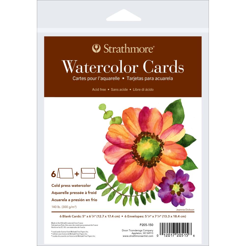 Watercolour Cards and Envelopes - 6 blank cards, 6 deckle edge envelopes ... by Strathmore. Blank cards and envelopes made of warm natural white, classic Strathmore 400 Series heavyweight 140 lb cold press watercolour paper, folded, ready to use. Pack contains 6 (six) cards, 6 (six) envelopes. Sizes, card (folded) is 6 7/8" x 5" (17.4cm x 12.7cm), Envelope is 7 1/4" x 5 1/4" (18.4cm x 13.3cm). Photo of packaging.