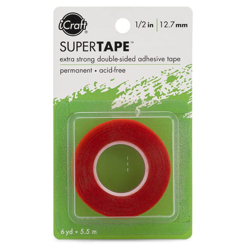 SuperTape ... 12.7mm (1/2", half inch) wide - Extra Strong and Clear, Permanent Double Sided Redline Adhesive Tape by iCraft, Therm-o-web. 1 (one) 5.5m (6yd) long roll. Acid Free.