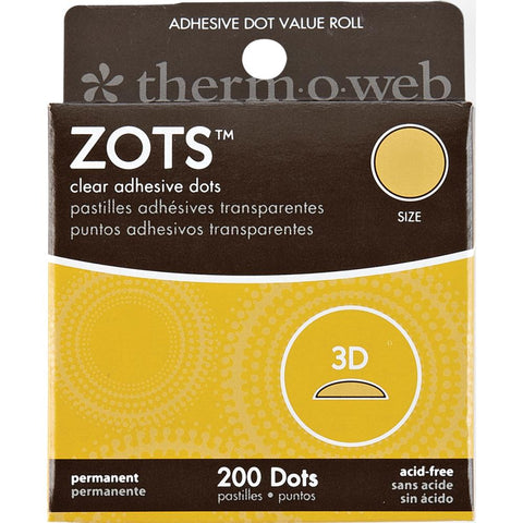 Zots for 3D ... Dimensional Round Adhesive Spots, 1/2" wide - Strong and Clear, Permanent Adhesive by Therm-o-web. 1 (one) long roll with 200 (two hundred) extra sticky clear raised spots, each 3mm (1/8") thick and 12.7mm (1/2") wide. Acid Free. Photo of the yellow packaging. 