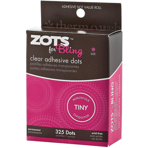 Zots for Bling ... Tiny Round Adhesive Spots, each 3mm (1/8") wide - Strong and Clear, Permanent Adhesive by Therm-o-web. 1 (one) long roll with 325 minuscule clear, sticky spots, each 3mm (1/8") in size. Acid Free. Photo of the pink packaging.