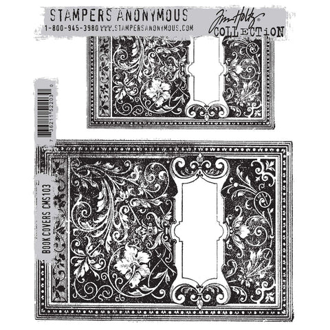 Book Covers ... by Tim Holtz and Stampers Anonymous (cms103). 2 (two) background sized beautiful rubber stamps for mixed media, journaling, visual arts and papercrafts.   This pair of wonderful designs by Tim Holtz are of an antique style front cover of an old book featuring an area for the title or a label, detailed border around the rectangle shape and an overall inlay design of flourishes and foliage.  Sizes (approx) : large book cover is 6 5/8" x 4 5/8" wide, smaller cover is 4 7/8" x 3 1/8" wide. 