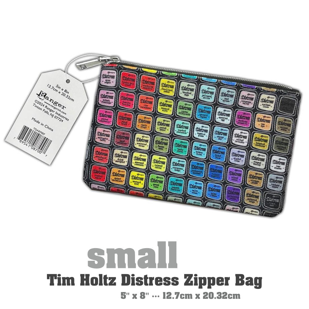 Zipper Bag - Small ... by Tim Holtz and Ranger - Celebrating 20 Years of Distress with every colour of the Distress Rainbow. Printed canvas storage pouch lined in black water resistant fabric with a silver metal zipper and rectangle shaped pull-tag. Beautiful accessory pouch, Distress storage bag or pencil case. Photo is the back.