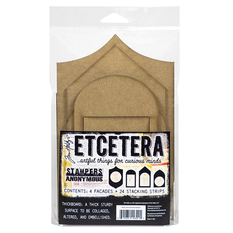 Facades - Etcetera by Tim Holtz ... Thickboard substrate 3mm thick artboard, featuring 4 (four) facades made up of 4 frames with 4 inner cutout shapes, in different shapes and sizes up to 4 3/4" x 7 3/4" plus 24 (twenty four) stacking strips, each 4 1/4" long. Total of 32 (thirty two) pieces. Create marvellous facades, windows, doors and frames for your Tim Holtz Vignette Wooden Boxes and Trays. Facades are a front, a window into your soul or doorway to a wild wilderness.THETC016