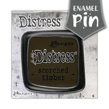 Scorched Timber (darkest brown) - Tim Holtz Distress Enamel Lapel Pin ... 1 (one) enamel and metal brooch, badge or lapel pin that is square with rounded corners, just like a retro styled Distress Ink Pad.  Add this high quality, beautifully finished enamel pin to your collection. Made of metal and enamel, it is a shiny, glossy and smooth square pin with rounded corners in a retro off centre style. The very sharp in on the back is covered with a black rubbery safety cap. 