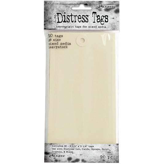 No.8 Tags ... Mixed Media Heavystock Tags - by Tim Holtz Distress and Ranger Ink ... Size 8 tags are made of a durable 110 lb heavyweight mixed media cardstock, ideal for all techniques wet and dry, 3 1/4" x 6 1/4" in size with reinforced holes and trimmed top corners. Pack of 20 (twenty). Use for gifttags, booklets, scrapbooking, swatching samples, practicing techniques, all kinds of arty fun.