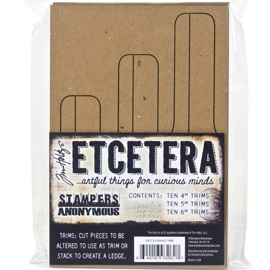 Bracket, Decorative Trims - Etcetera Thickboard Shapes ... by Tim Holtz and Stampers Anonymous. 3 (three) different lengths in 2 (two) different widths (5 of each size). Strips with a straight edge and shaped bracket edge, 30 pieces in total, each 4", 5" and 6" long (10 of each). THETC010. Photo of the packaging.