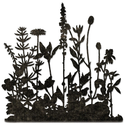 Flower Field ... Thinlits Die Cutting Templates by Tim Holtz, made by Sizzix (no.665369).

What a beautiful background of silhouette wildflowers and tall foliage with flowers and leaves, to use in your art, whether be for the background of other features, a cover of a book with dimension or the start of something bigger! Use for greeting cards, tags, off the page creations, add layers to cards, scrapbook pages, journaling. This set contains 1 template. Overall piece is (approx) : 4 1/2" x 5 3/4".