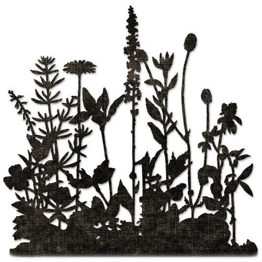 Flower Field ... Thinlits Die Cutting Templates by Tim Holtz, made by Sizzix (no.665369).

What a beautiful background of silhouette wildflowers and tall foliage with flowers and leaves, to use in your art, whether be for the background of other features, a cover of a book with dimension or the start of something bigger! Use for greeting cards, tags, off the page creations, add layers to cards, scrapbook pages, journaling. This set contains 1 template. Overall piece is (approx) : 4 1/2" x 5 3/4".