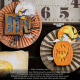 Fantastic example using Tim Holtz and Sizzix Halloween 2023 designs of Thinlits with Mixed Media Heavystock and Idea-Ology Backdrops papers. Featuring Moonlight, Edison and Big Fright on fan discs with pumpkin, words, spider, moons, flying bats and fluffy clouds.
