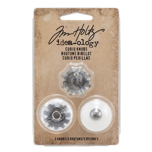 Curio Knobs ... Idea-Ology by Tim Holtz - vintage style drawer or door handles, to use as embellishments for home decor, display makes, visual arts and mixed media crafts (TH92840). 3 (three) knobs (3/4" x 1" wide) with fasteners, one of each design. Add these unique embellishments drawers, doors, Vignette boxes and trays, shelving, off the page display creations, home decor, sculptures, covers of books (journals, scrapbooks, memory albums), on a mixed media canvas, dioramas or any other visual arts.