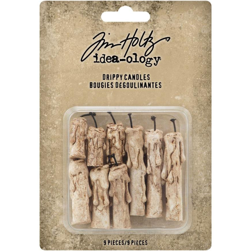 Drippy Candles - by Tim Holtz Idea-Ology - Miniature realistic candles with black wicks. To use for 3-dimensional makes with mixed media, assemblage projects, off-the-page displays, Vignette trays, giftware. Pack of 9 (nine) pieces, three of each style. Sizes from 2cm to 4.5cm tall (plus wick length), made of solid resin, stained ready to use.