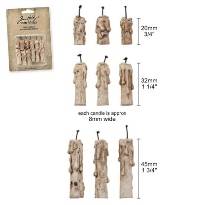 Drippy Candles - by Tim Holtz Idea-Ology - Miniature realistic candles made of stained resin with black cotton wicks. Ideal as decorative accents in art or as party decor. To use to create festive artwork, 3-dimensional frames, assemblage projects, off-the-page displays, Vignette trays, book boxes, giftware and more. Pack of 9 (nine) pieces, three of each style. Sizes from 2cm to 4.5cm tall (plus wick length) as shown in the diagram of photographed candles. TH94260