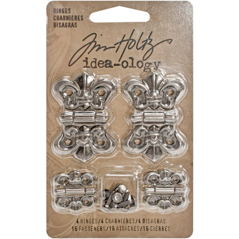 Hinges ... by Tim Holtz Idea-Ology - Metal realistic miniature ornate hinges used to attach objects or use as closures or decoration for assemblage projects, papercrafts and visual arts. 4 (four) pairs of hinges (2 large 1 1/8" wide, 2 small 3/4" wide) and 16 (sixteen) split pin (brad) fasteners. Total of 20 (twenty) pieces. 