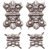 Hinges ... by Tim Holtz Idea-Ology - Metal realistic miniature ornate hinges used to attach objects or use as closures or decoration for assemblage projects, papercrafts and visual arts. Photo showing the 4 (four) pairs of hinges (2 large 1 1/8" wide, 2 small 3/4" wide) with the 16 (sixteen) split pin (brad) fasteners inserted in the holes. Total of 20 (twenty) pieces. 