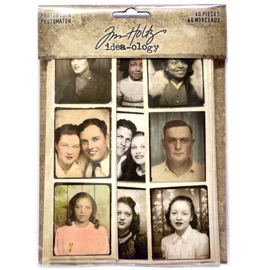 PhotoBooth - Idea-Ology Layers by Tim Holtz ... an eclectic collection of vintage photographs featuring people's portraits (head and shoulders, in singles and couples). Pack of 40 (forty) strips, each 43mm x 150mm long. Each strip is printed with 3 photos in sepia toned (vintage browns) on the front, plain white on the back of the strips. Each strip features 3 (three) beautiful portraits of lost relatives (or friends, favourite people, they can be whoever you want them to be! TH93799