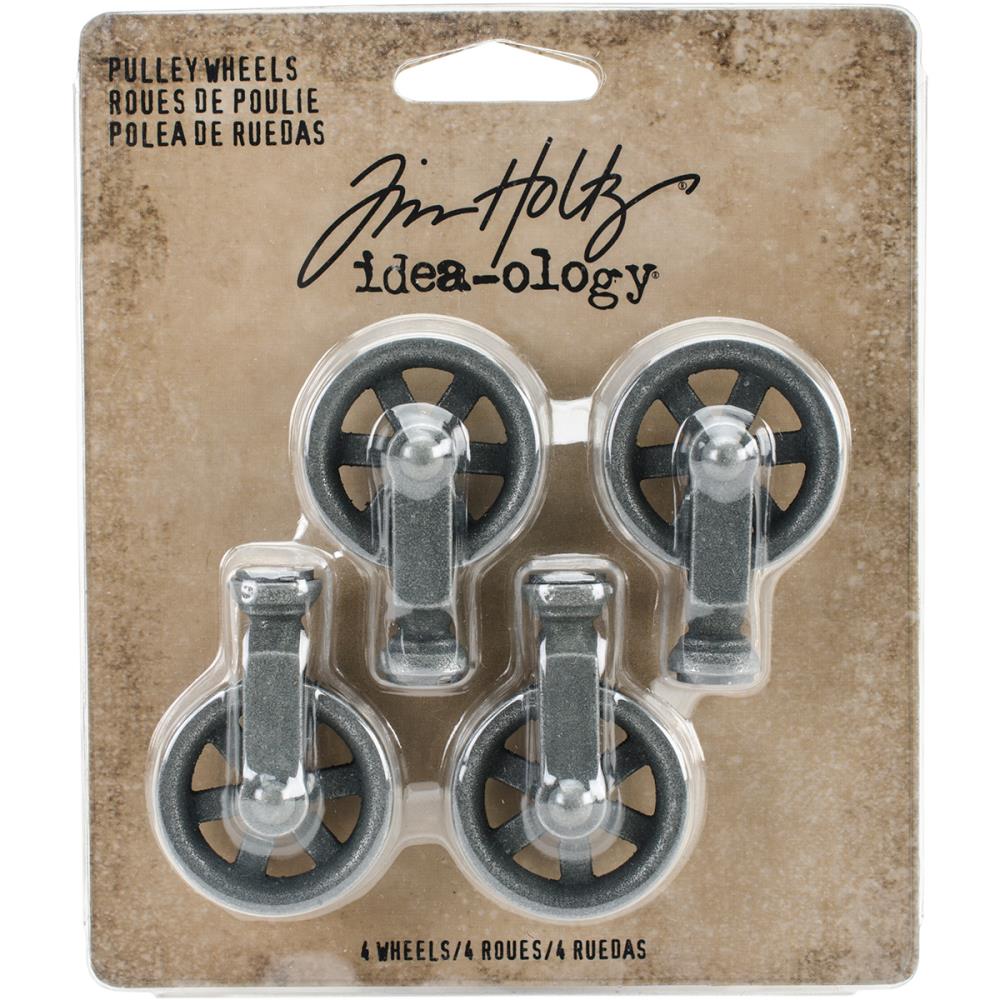 Pulley Wheels ... Idea-Ology Adornments by Tim Holtz. Vintage inspired metal wheels with screw top attachment for use to make interactive or non-moving visual arts.&nbsp;Each piece is realistic miniature of a pulley wheel, enabling you to make things move on 3D cards, interactive mixed media, decorated display decor and more. Pack of 4 (four) pulley wheels. TH93580
