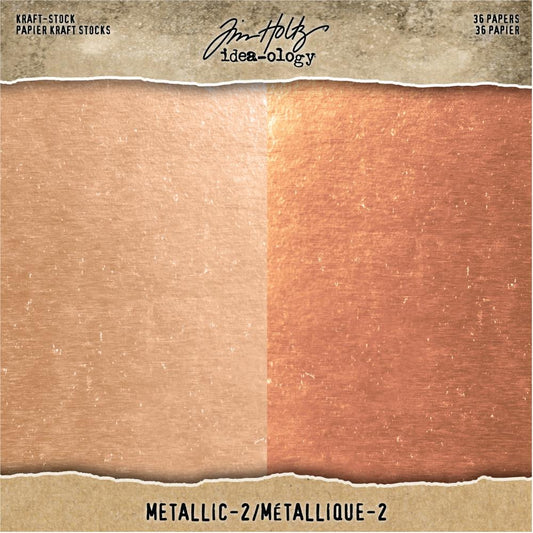 Metallic - Rose Gold and Copper - Kraft Stock Cardstock Idea-Ology Paper by Tim Holtz. Sheets of shiny smooth cardstock in traditional metallic colours on Kraft (natural tan, brown) core. 36 sheets, 2 colours (18 of each Rose Gold, shown left, and Copper, shown right on the pack cover) with a smooth very shiny finish. Sheet size is 8"x8" (20cm x 20cm).
