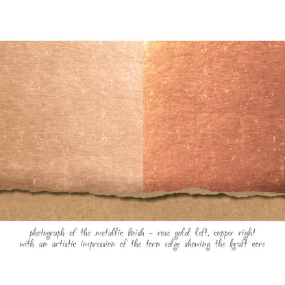 Metallic - Rose Gold and Copper - Kraft Stock Cardstock Idea-Ology Paper by Tim Holtz. Sheets of shiny smooth cardstock in traditional metallic colours on Kraft (natural tan, brown) core. 36 sheets, 2 colours (18 of each) with a smooth very shiny finish. Sheet size is 8"x8" (20cm x 20cm). Photograph of Rose Gold, shown on the left, and Copper, shown on the right with an artistically created torn strip showing the Kraft core.
