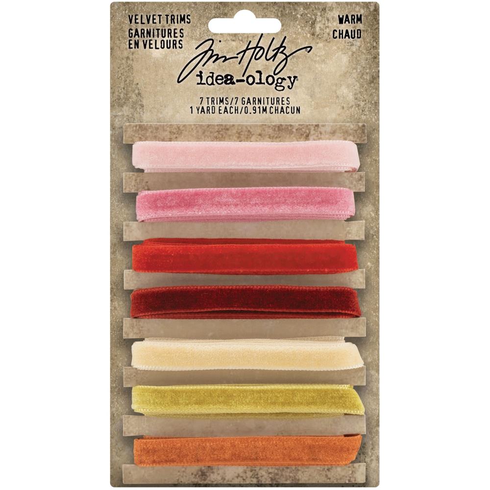 Velvet Trims - Warm Colours (pinks, yellows, reds) ... Tim Holtz Idea-Ology Trimmings. 7 (seven) colours, each approx 8mm wide, 1 yard (90cm) long.

Tim Holtz Velvet Trims are 90cm long lengths of soft and luxurious faux velvet trimmings in a beautiful range of colours the compliment the Tim Holtz Distress Ink Range. Each is approx 8mm wide and beautifully finished with thick plush velvet one side, smooth flat on the back with professionally finished edging.